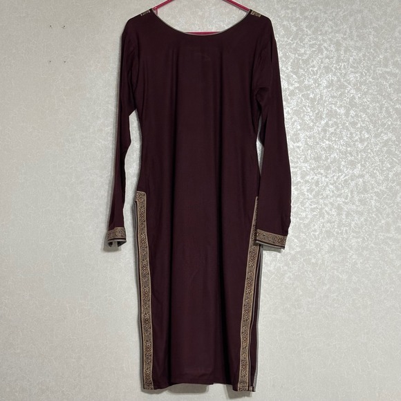 Long Sleeve Punjabi Kurta Maroon Red Gold Floral Trim Square Neckline Handmade L - Picture 2 of 5